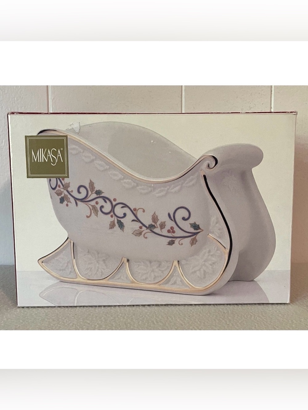 Mikasa White Porcelain Sleigh with Gold Accent and Multicolor Floral Scroll